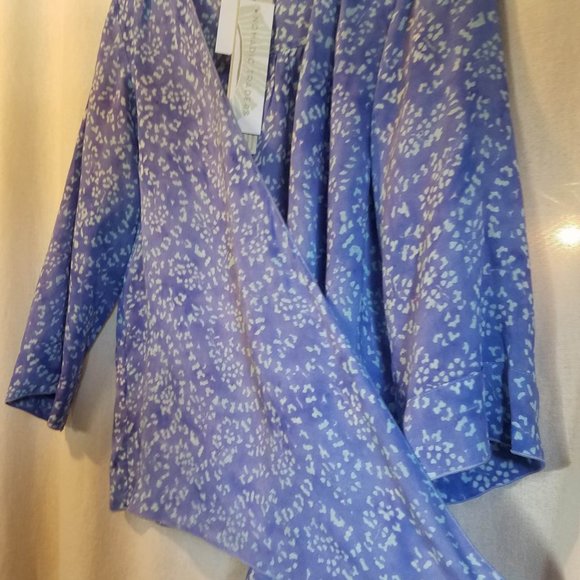 NWT Nomadic Traders L Women's Batik Rayon Lt Wt 3/4 sleeve Wrap Periwinkle/Green - Picture 6 of 11